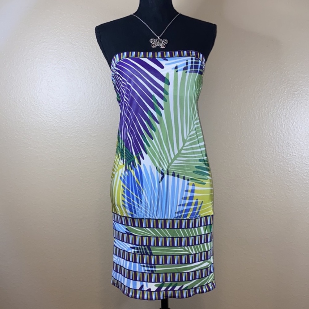 BCBGMaxAzria Strapless Bandeau Tube Tropical Multicolor Dress